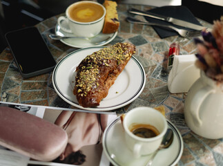Minimal morning flatlay with espresso and accessories
