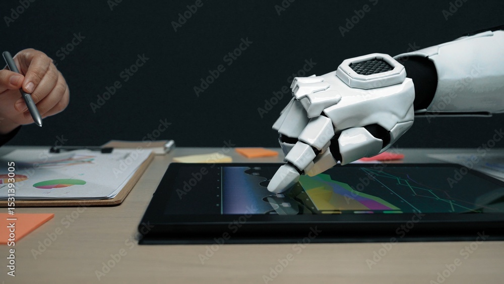 Poster a robotic hand is seen engaging with a digital tablet displaying colorful graphs and charts, symboli