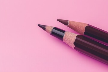 Two brown eye pencils and one brush for eyebrows on a pink background, close-up view.