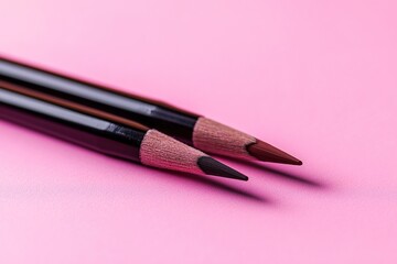 Two brown eye pencils and one brush for eyebrows on a pink background, close-up view.