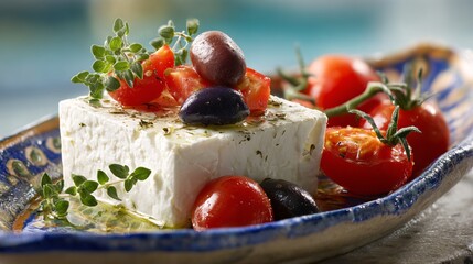 An airy Mediterranean setup with feta, olives, tomatoes and oregano on ceramic dish