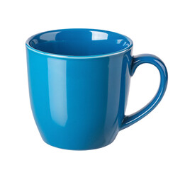 Stock photo of a blue ceramic coffee mug for tea hot chocolate and drinks on a black background isolated