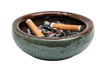 Used Cigarettes and Ashes in Ceramic Ashtray Isolated on White Background