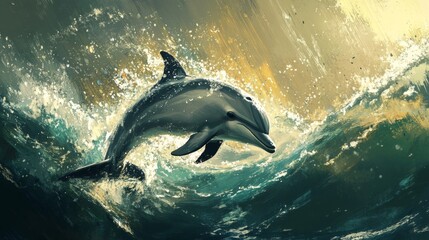 Fototapeta premium Dolphin Leaping from Turquoise Ocean Waves in Digital Painting Style Artwork