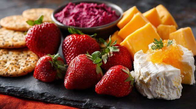 A bold summer cheese board with strawberries, beet hummus, and bright orange napkin, dark slate background
