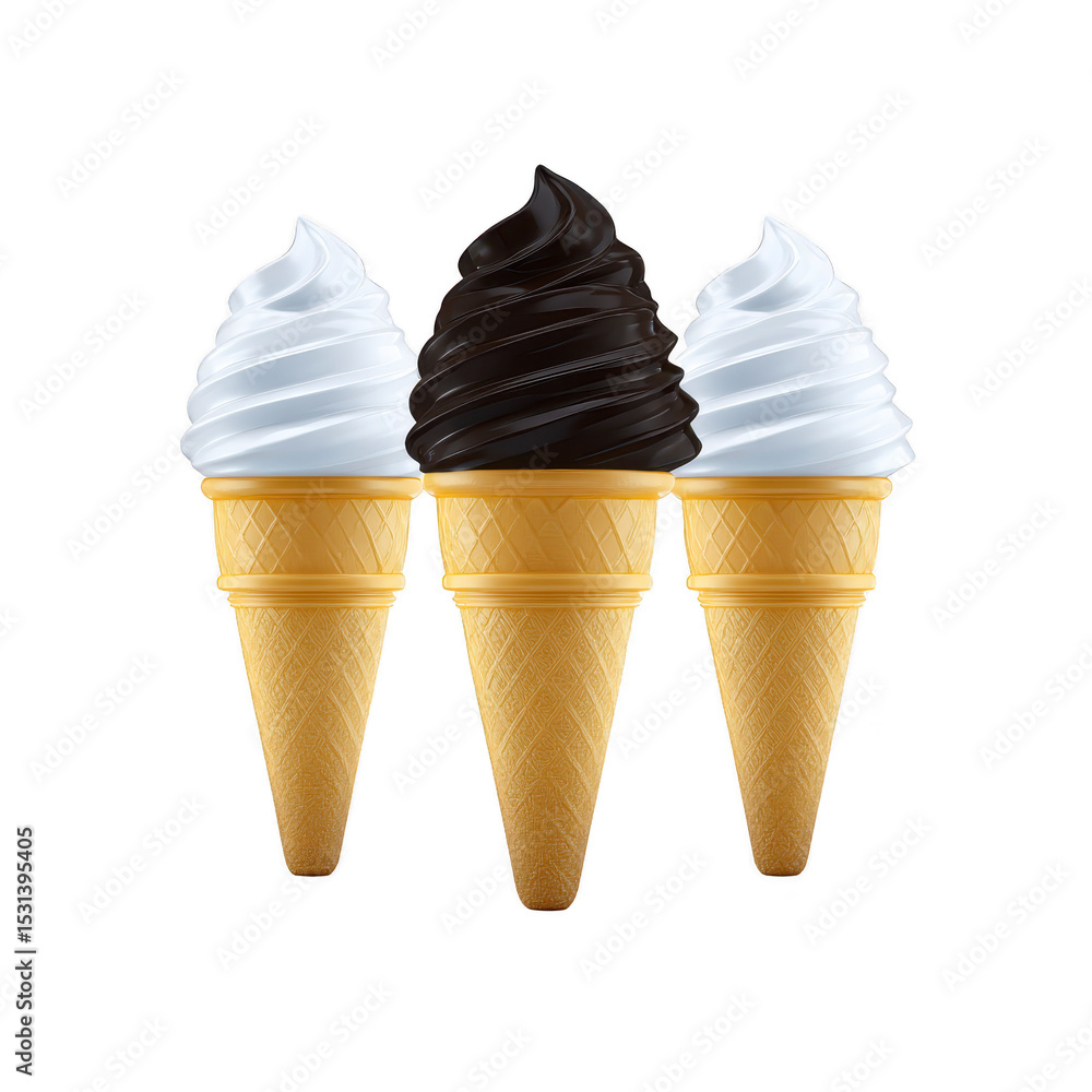 Aufkleber three ice cream cones with swirled soft serve, two vanilla and one chocolate, are displayed against 