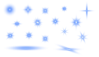 Neon flash with rays or blue spotlight and bokeh. Blue lens flares set. Magic blue glow light effect. Vector. PNG