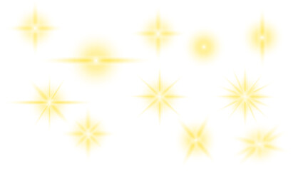 Sun flash with rays or gold spotlight and bokeh. Gold lens flares set. Magic yellow glow light effect. Vector. PNG