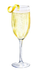 French 75 cocktail in champagne flute with lemon twist garnish. Watercolor illustration with transparent background. Classic cocktail recipe concept.
