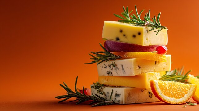 A deep orange background, cheese stack with rosemary and colorful fruit slices