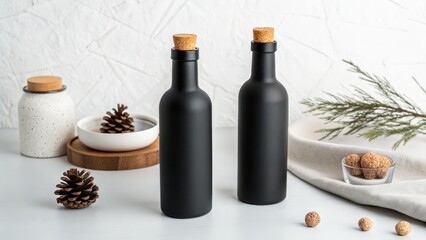 Elegant Black Bottles with Cork Stoppers Minimalist Home Decor Still Life