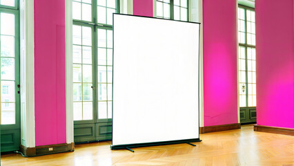 Blank Presentation Screen Mockup on a colorful wall in a bright indoor setting with copy space