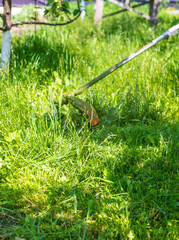 mow the grass in the garden. Selective focus.