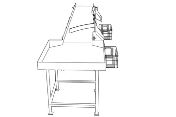 Industrial Automation System: Automatic Sorting Conveyor Belt Technical Drawing - Monochrome Wireframe Schematic of Material Handling Machinery for Smart Warehouse Logistics and Production