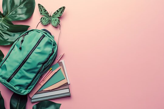 Teal backpack with school supplies and tropical leaves on a pink background