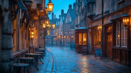 Picturesque View of Cobblestone Street with Illuminated Lanterns in Old European Town at Night