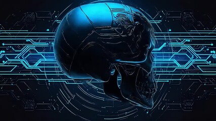 A glowing cyberpunk skull with neon blue and orange highlights, symbolizing AI, digital consciousness, and futuristic aesthetics