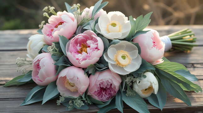 Peony and Ranunculus Bouquet - A soft pastel bouquet featuring pink peonies, white ranunculus, and dusty miller leaves in a loosely gathered style