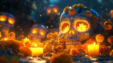 Floral Skull Decoration With Candle For Day Of The Dead Celebration And Culture