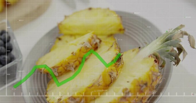Bright green line graph fading in over pineapple wedges, plotting fluctuating values for analysis