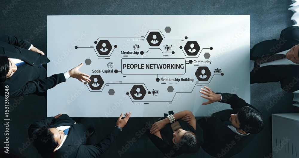 Poster a high-angle view of professionals actively participating in a networking session, highlighting key 