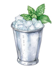 Mint Julep cocktail in metal cup with crushed ice and mint sprig garnish. Watercolor illustration with transparent background. Classic bourbon drink concept. 