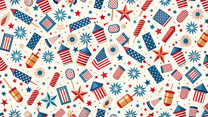 Naklejka premium Seamless Patriotic Firecracker Pattern with Stars and Flags for Fabric