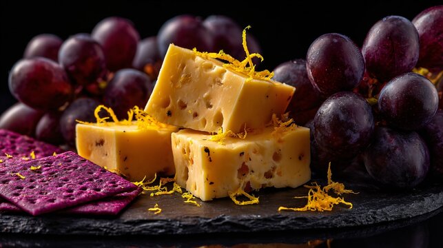 A high contrast setup, cheese cubes with hot pink crackers, lemon zest, and rich purple grapes