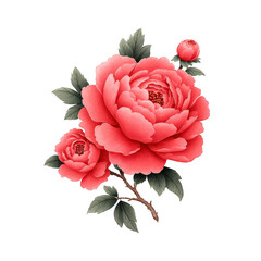 Beautiful illustration of vibrant pink peonies with lush green leaves, showcasing intricate details and realistic style. flowers are in full bloom, exuding elegance and charm