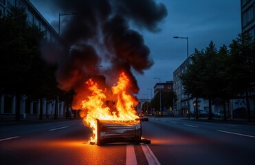 Burning Can and Rising Smoke in Deserted Street Depict Symbolic Traces of Civil Disorder in an Otherwise Still Environment