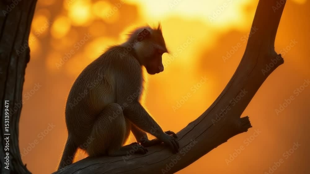 Poster a monkey perched on the edge of a tree branch, looking out at something.