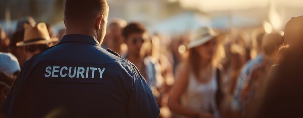 The security personnel overseeing a vibrant crowd during an outdoor event.