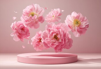 Delicate pink flowers levitate above a pastel pink pedestal