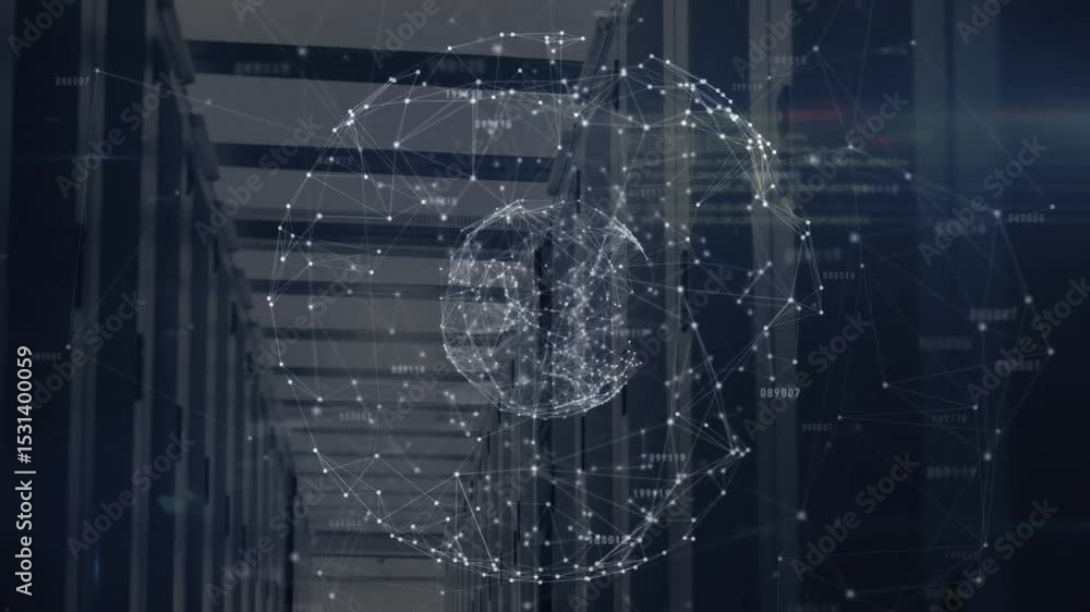 Poster sphere materializing in server-lined corridor, rotating and expanding mesh to visualize data flow