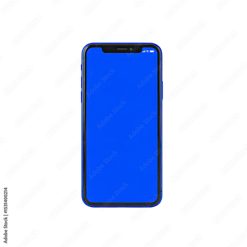 Poster smartphone with blue screen is displayed against transparency background, showcasing modern design w