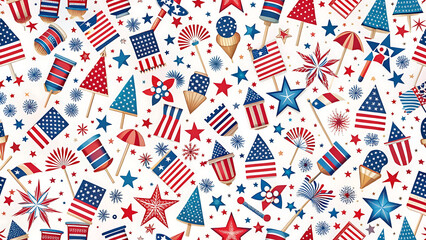 Obraz premium Seamless Patriotic Firecracker Pattern with Stars and Flags for Fabric