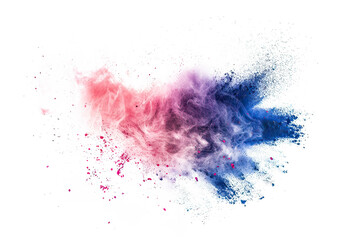 Pink, purple and blue holi powder exploding creating abstract shapes on white background