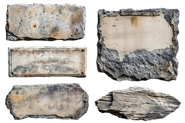Collection of six empty stone and metal plates, showing weathering and age, isolated on transparent background