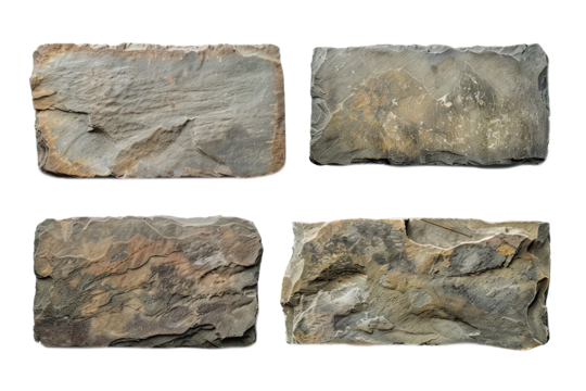 Four rock or stone slabs isolated on transparent background, ideal for graphic design or architectural visualization