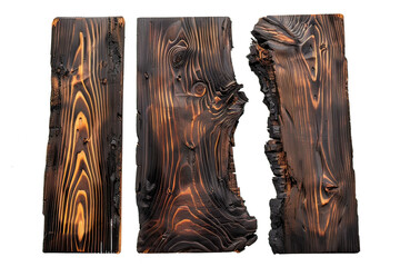 Studio shot featuring three charred wood planks with distinct grain patterns, isolated on a transparent background
