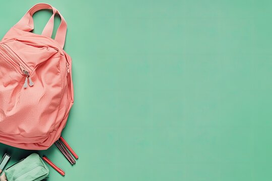 Pastel pink backpack, mint pencil case, and colored pencils on a mint green background