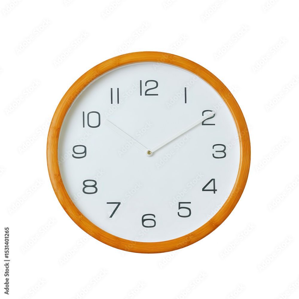 Poster round wall clock with wooden frame and minimalist design features black numerals and hands on white 