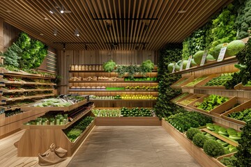 Modern grocery store interior with wooden shelves and fresh produce, highlighting sustainable design and healthy eating