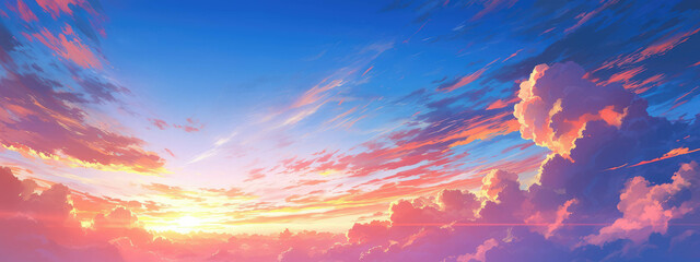 Sunset glowing with warm hues, blending soft cloudscape against serene landscape horizon