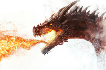 Fiery dragon unleashing flames against stark white backdrop, mythical beast emerging