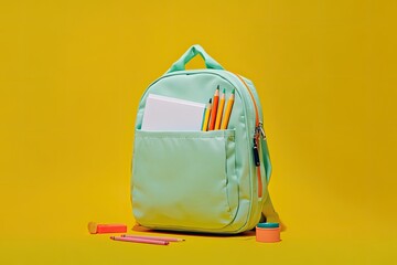Mint green backpack filled with colorful stationery items against a vibrant yellow background