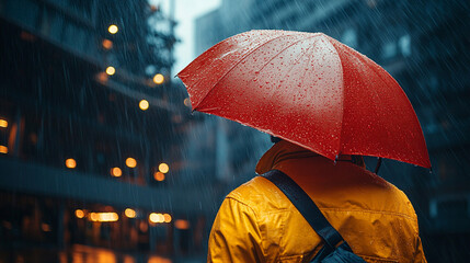 Person with red umbrella in city rain