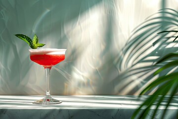 Refined crimson cocktail adorned with white foam, mint garnish, resting on marble beside palm leaf silhouette