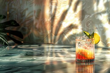 Colorful cocktail resting on glossy bar counter, lime and mint garnish glowing under warm sunlight