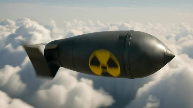 Radioactive nuclear bomb travelling over clouds war nuke warfare